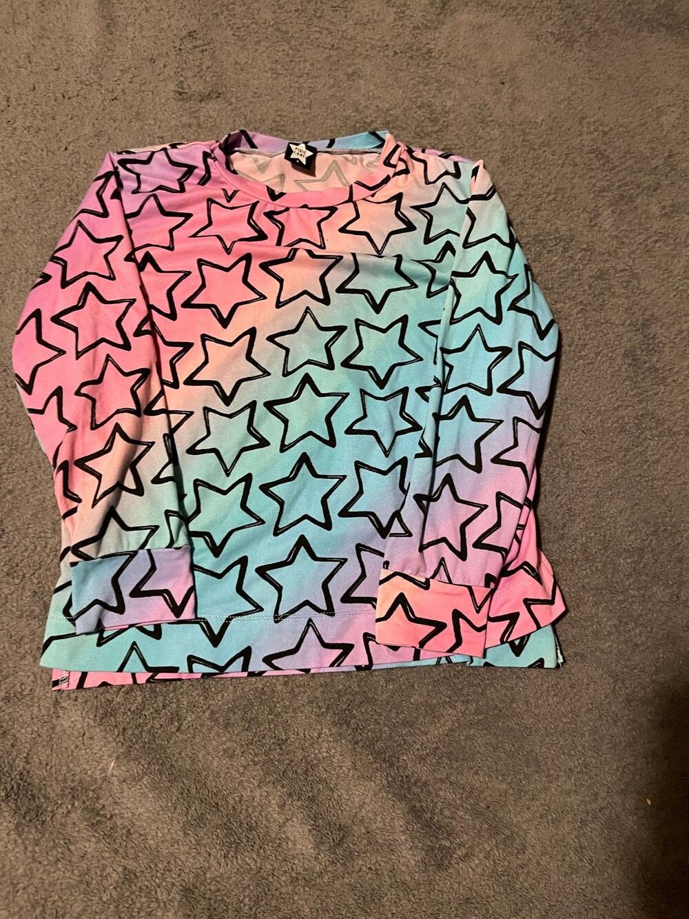 Pixie Lane Top Womens 8 Long Sleeve Rainbow Star Print Pullover Casual Crewneck